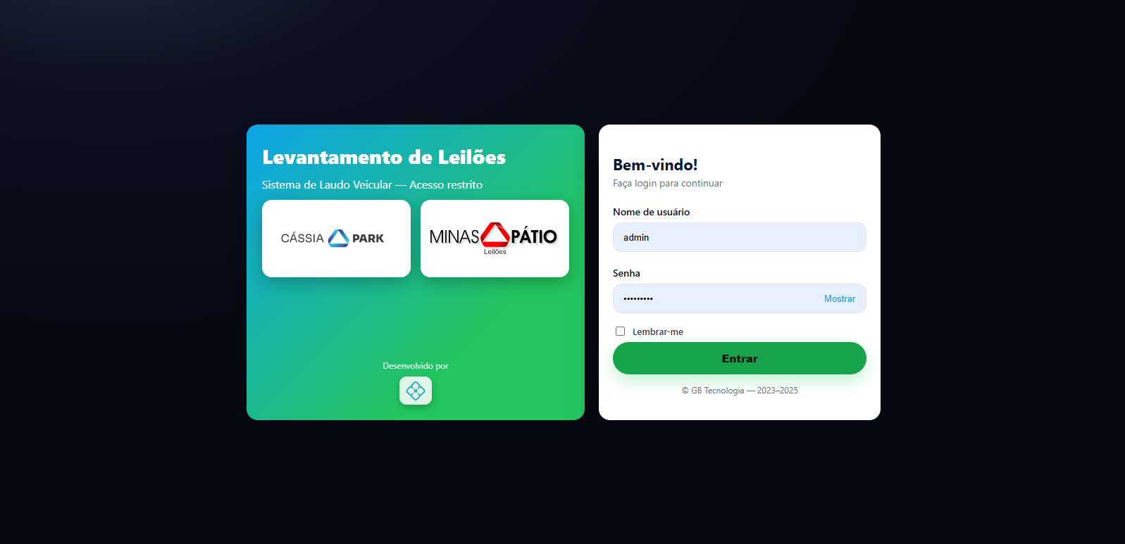 Painel unificado dos Sistemas GB (mockup)